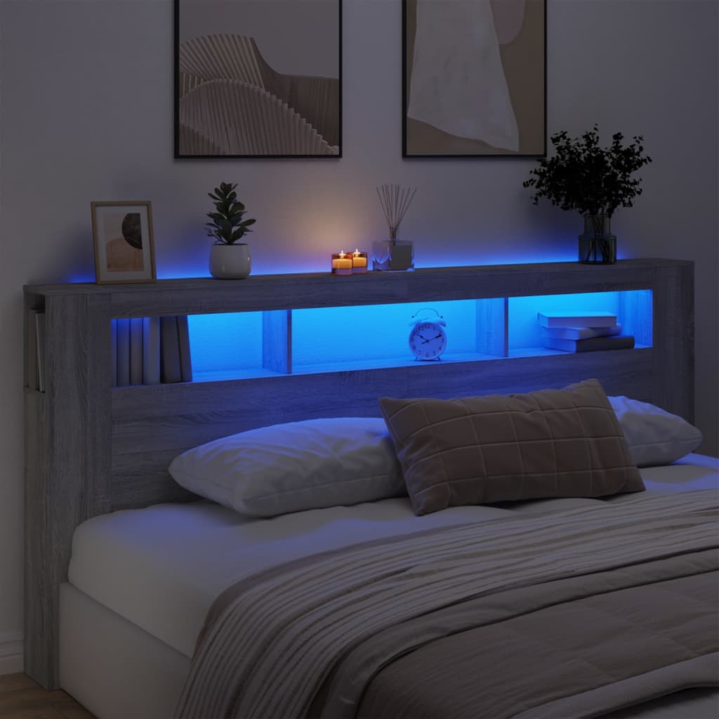 Cabeceira de Cama Giancarlo com Luzes LED - 220cm - Cinzento Sonoma - Design Moderno