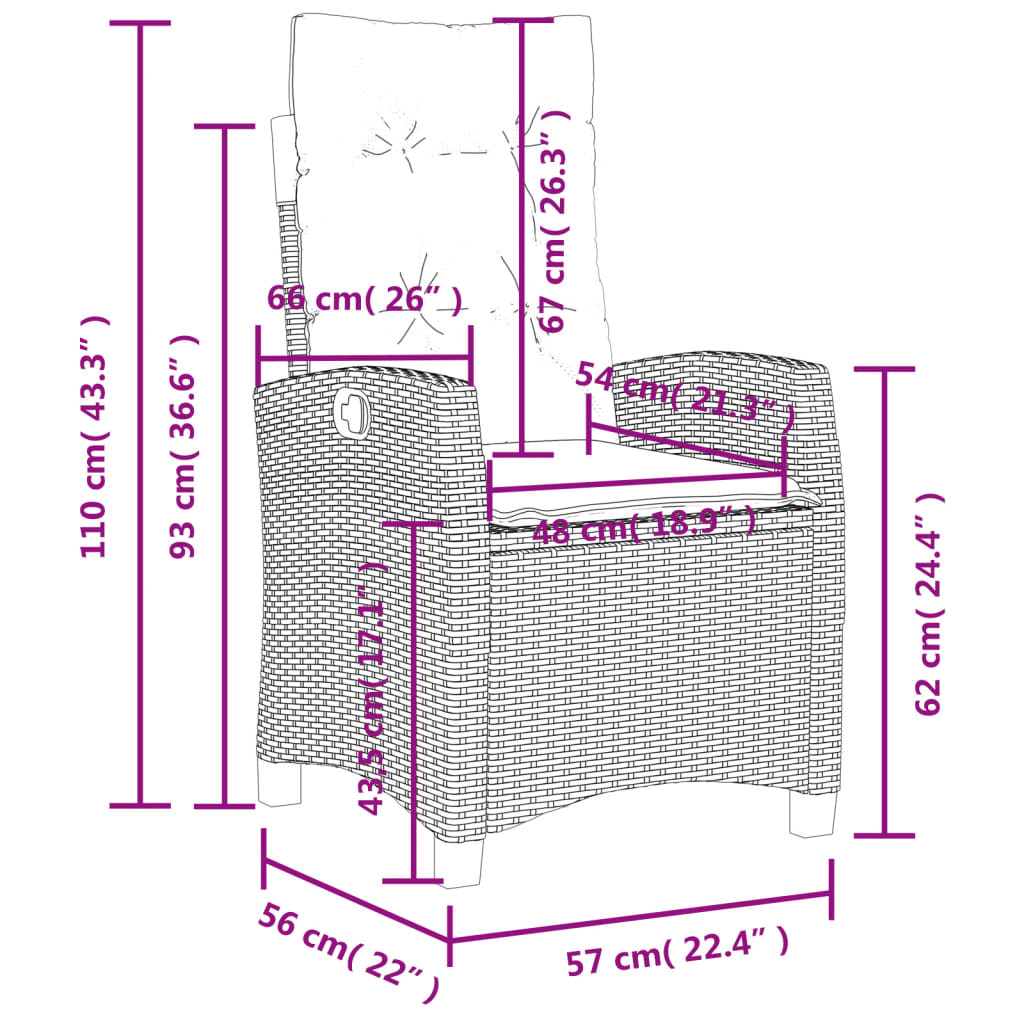 Cadeiras jardim reclináveis 2pcs c/ almofadões vime cinza claro