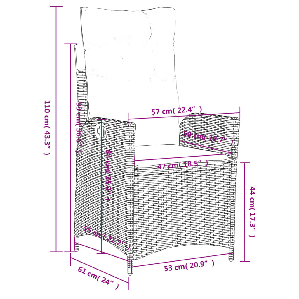 Cadeiras jardim reclináveis 2 pcs c/ almofadões vime PE cinza