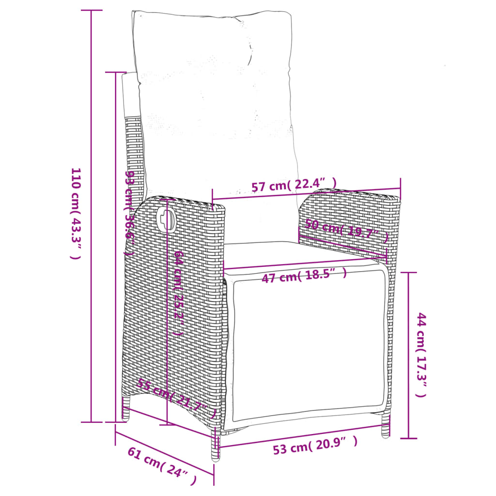 Cadeiras jardim reclináveis 2 pcs c/ apoio de pés vime PE cinza