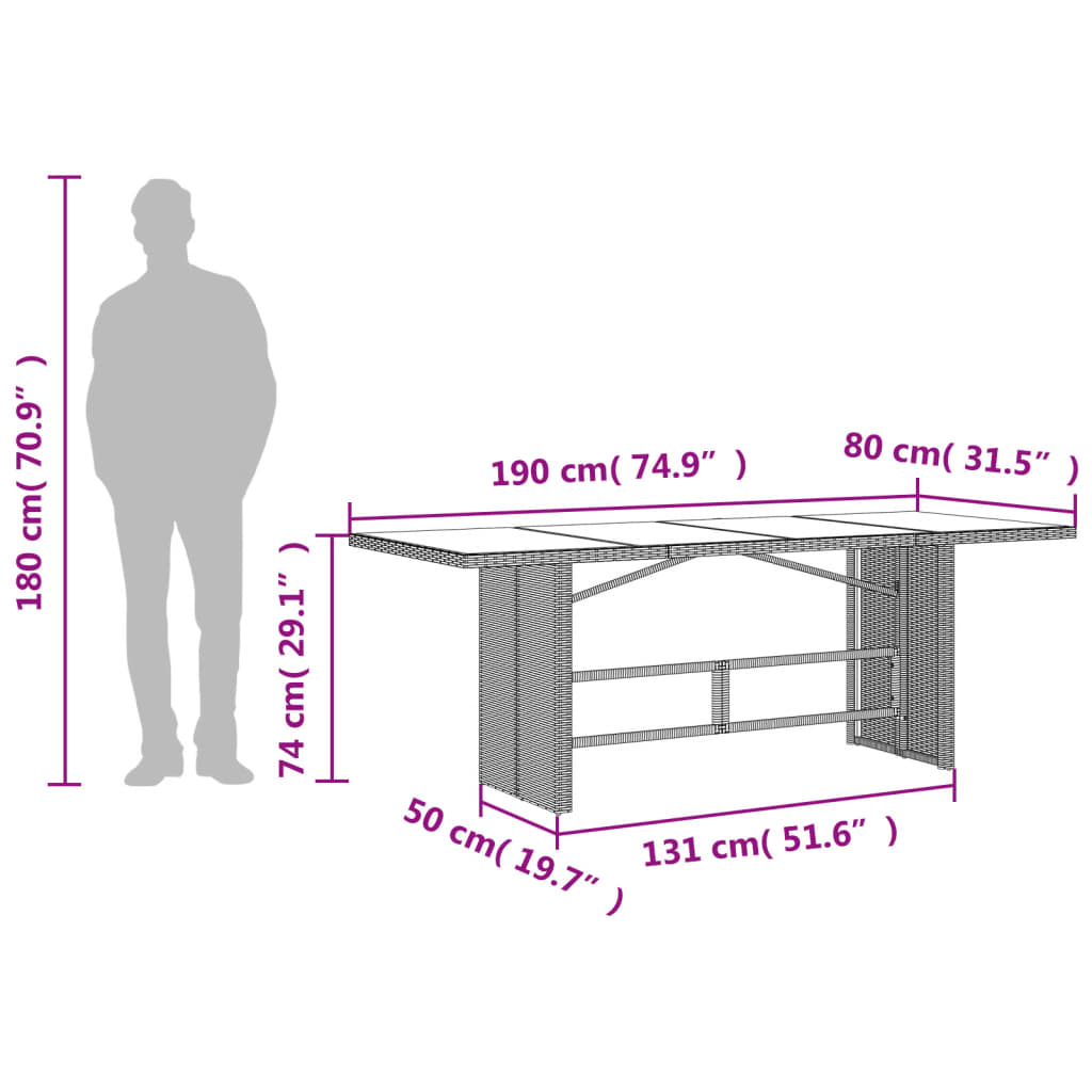 Mesa jardim c/ tampo de vidro 190x80x74 cm vime PE cinza-claro