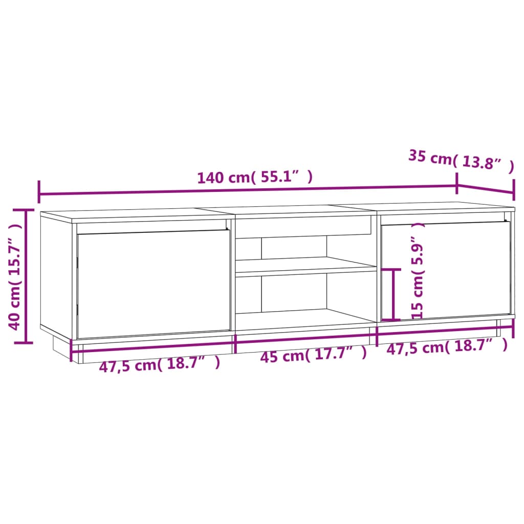 Móvel de TV 140x35x40 cm madeira de pinho maciça branco