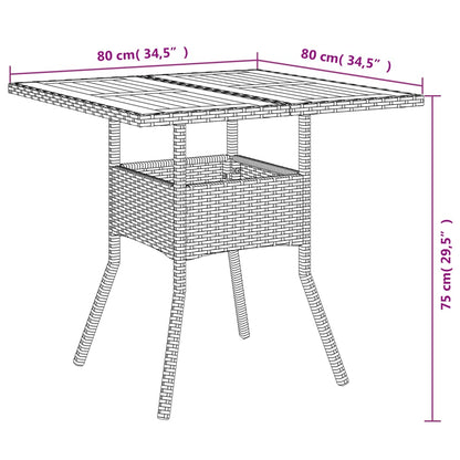 Mesa de jardim com tampo em acácia 80x80x75 cm vime PE preto