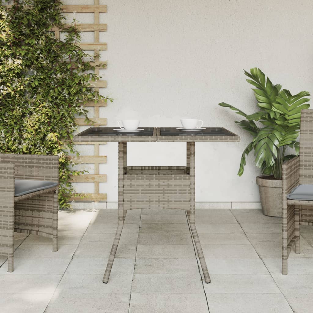 Mesa de jardim com tampo de vidro 80x80x75 cm vime PE cinzento