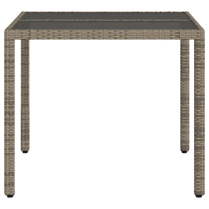 Mesa de jardim com tampo de vidro 90x90x75 cm vime PE cinzento