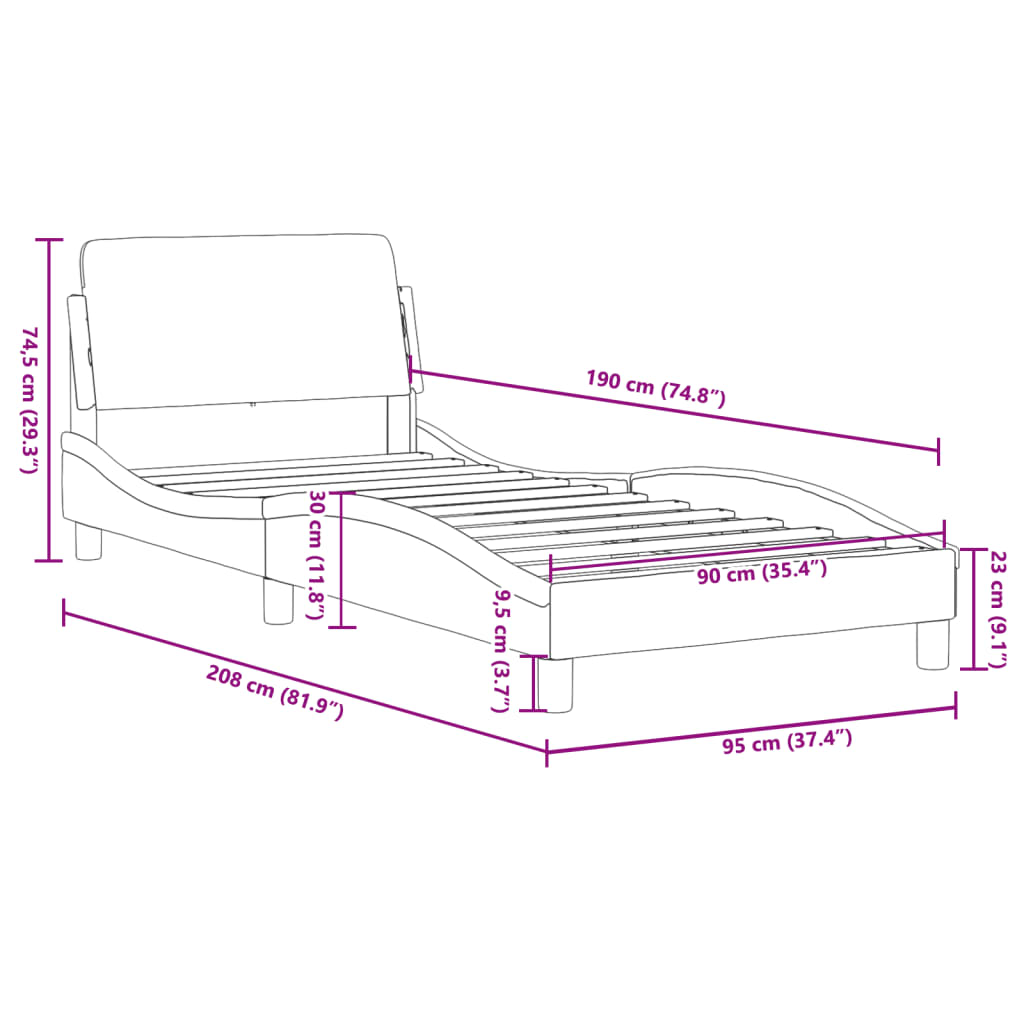 Estrutura de cama c/ cabeceira 90x190 cm veludo preto