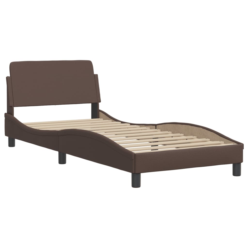 Estrutura cama c/ cabeceira couro artificial 90x190 cm castanho