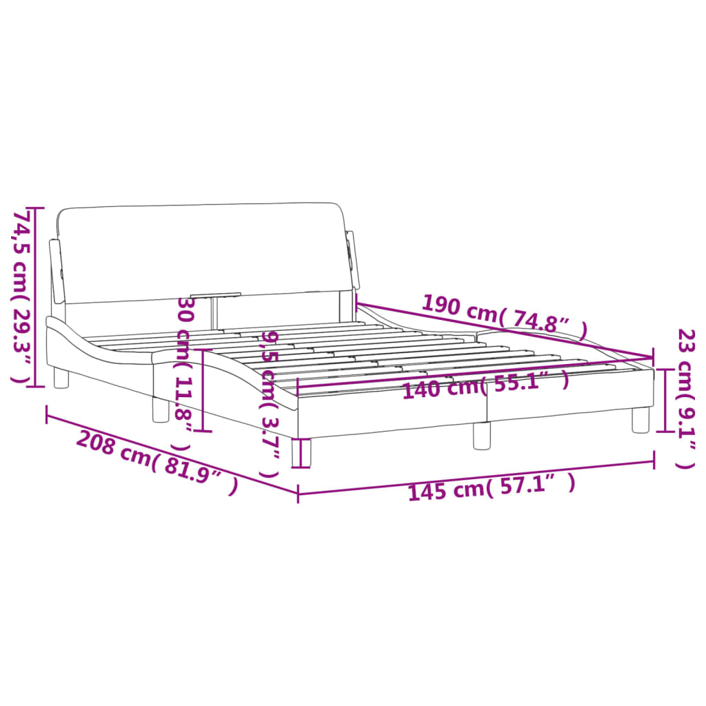 Estrutura de cama c/ cabeceira 140x190 cm tecido cinza-claro