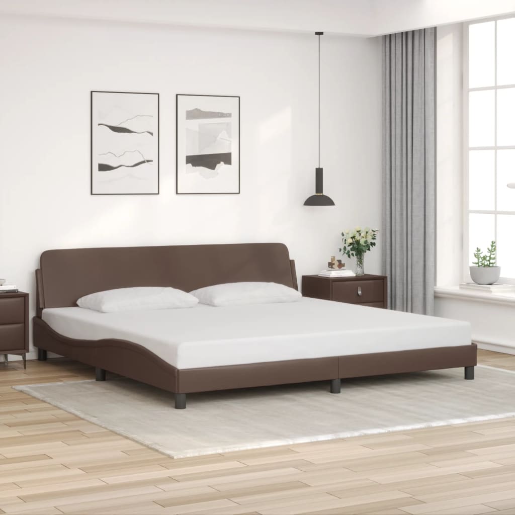 Estrutura cama c/ cabeceira 200x200cm couro artificial castanho