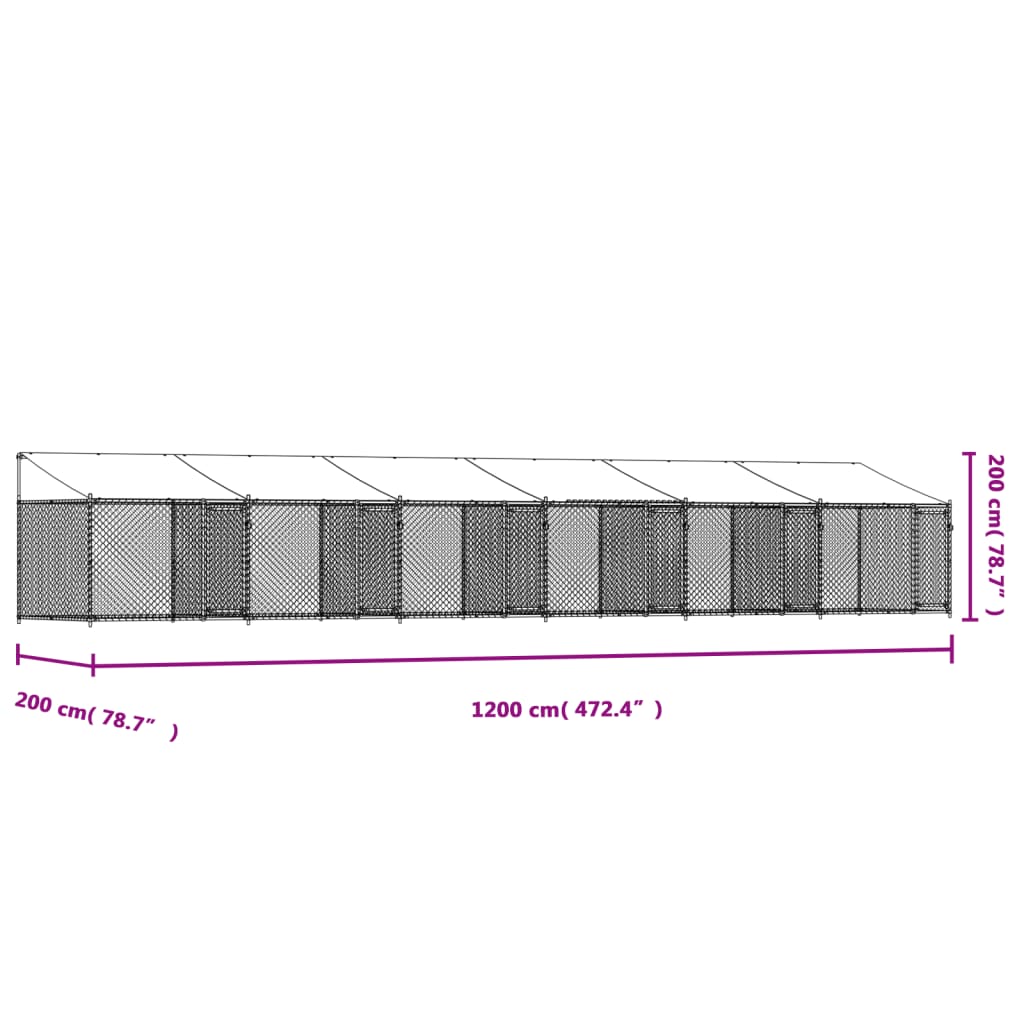 Jaula para cão com telhado/portas 12x2x2m aço galvanizado cinza