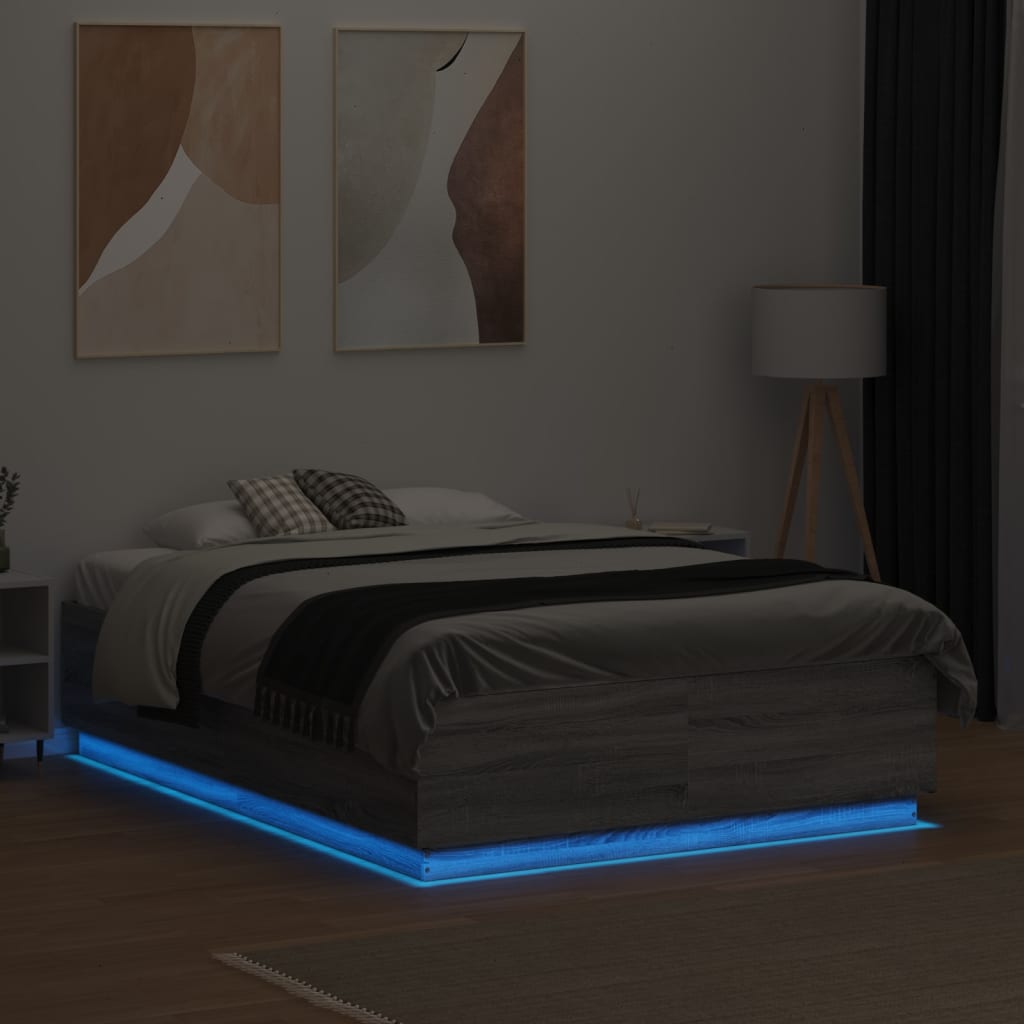 Estrutura de cama c/ luzes LED derivados madeira cinza sonoma