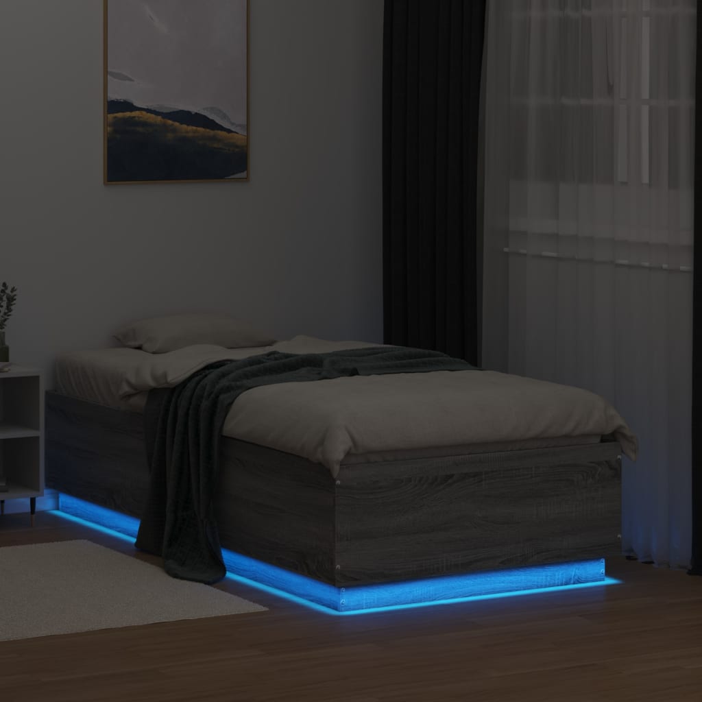 Estrutura de cama c/ luzes LED derivados madeira cinza sonoma