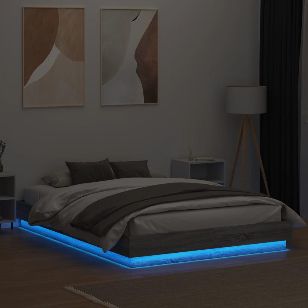 Estrutura de cama com luzes LED 160x200 cm cinzento sonoma