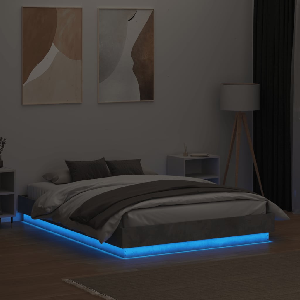 Estrutura de cama com luzes LED 140x190 cm cinzento cimento