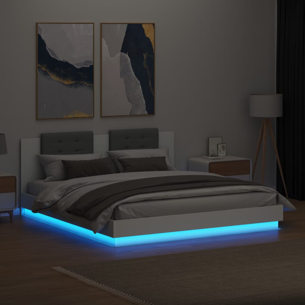 Estrutura de cama com cabeceira e luzes LED 200x200 cm branco