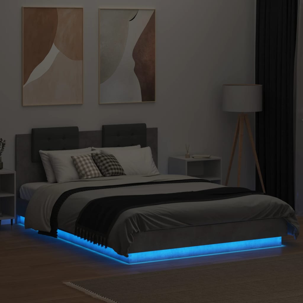 Estrutura cama c/ cabeceira/luzes LED 150x200 cm cinza cimento