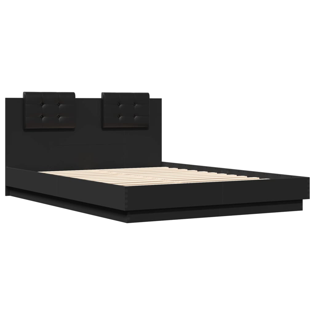 Estrutura de cama com cabeceira e luzes LED 140x200 cm preto