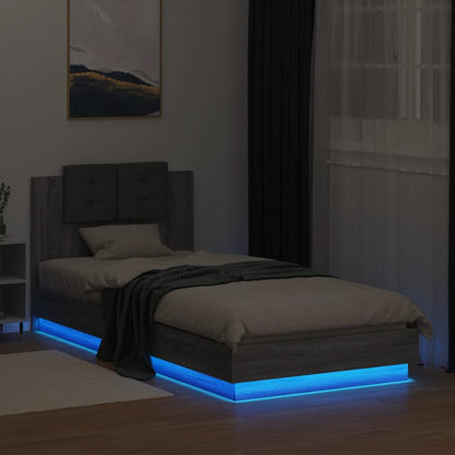 Estrutura de cama c/ cabeceira/luzes LED 90x200 cm cinza sonoma