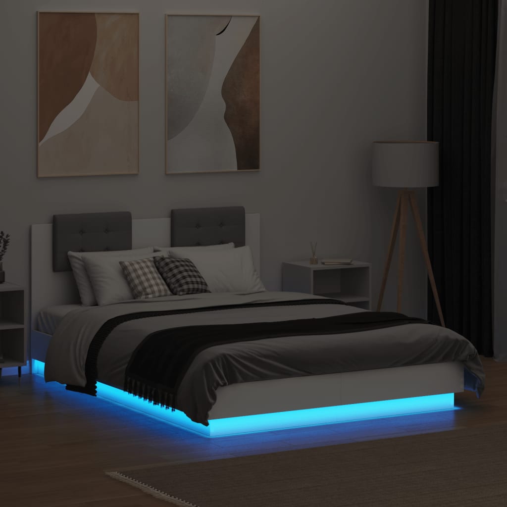 Estrutura de cama com cabeceira e luzes LED 140x190 cm branco