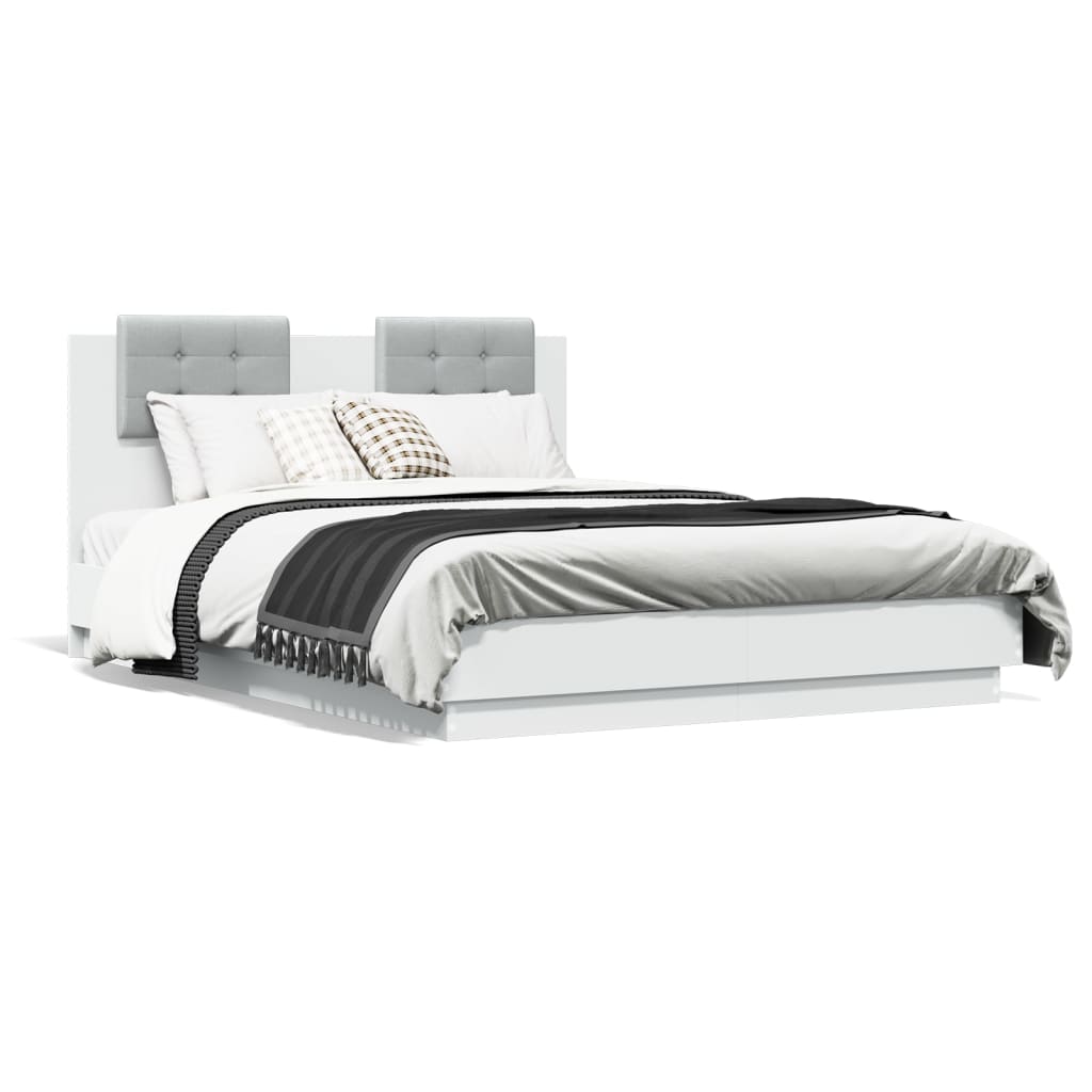 Estrutura de cama com cabeceira e luzes LED 140x190 cm branco