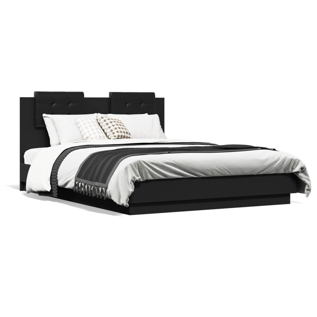 Estrutura de cama com cabeceira e luzes LED 140x190 cm preto