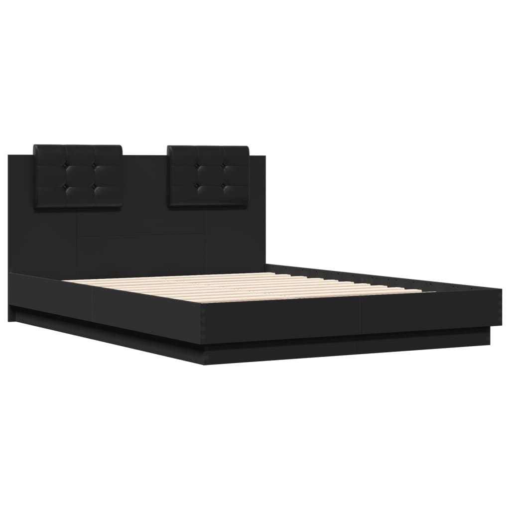 Estrutura de cama com cabeceira e luzes LED 135x190 cm preto