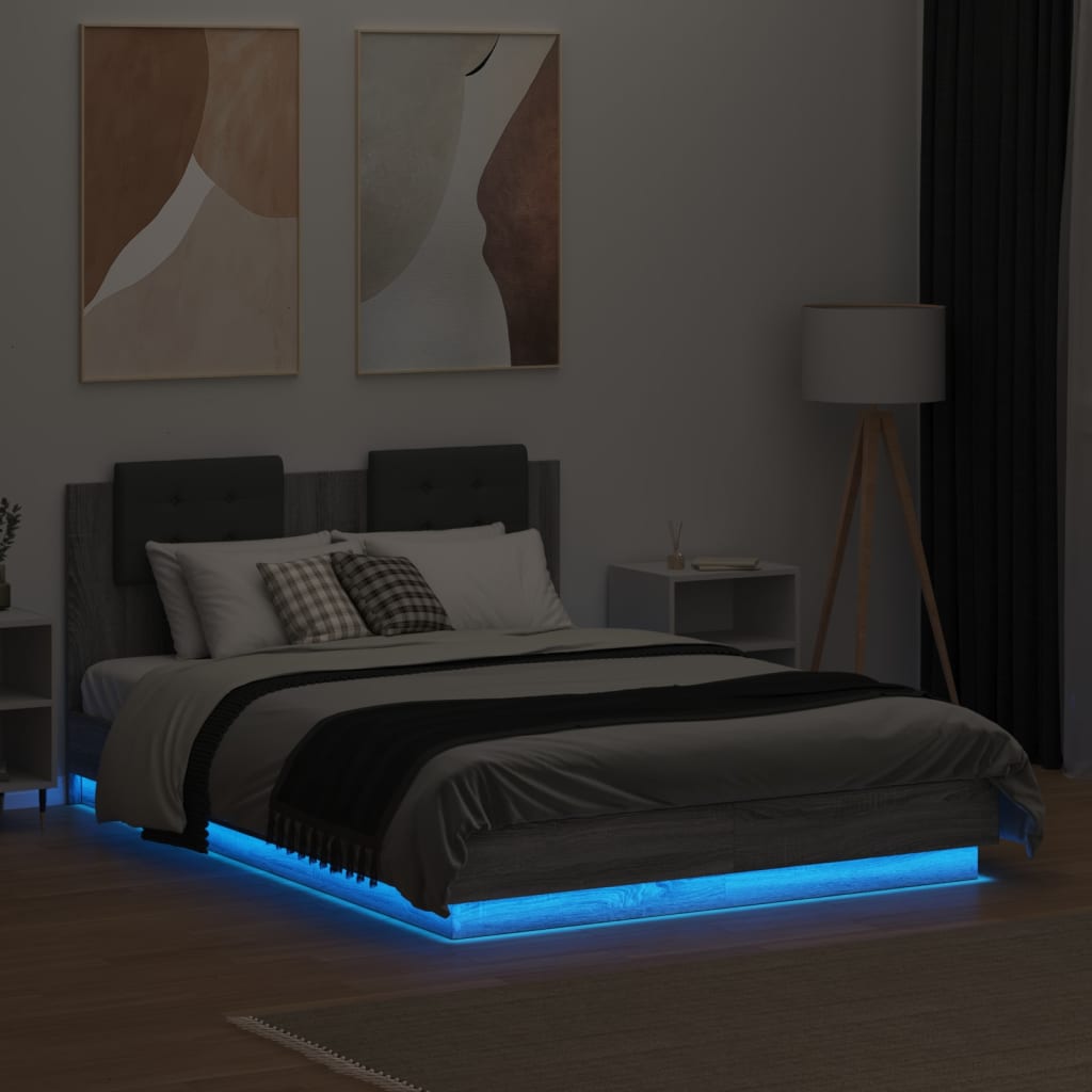 Estrutura cama c/ cabeceira/luzes LED 135x190cm cinzento sonoma