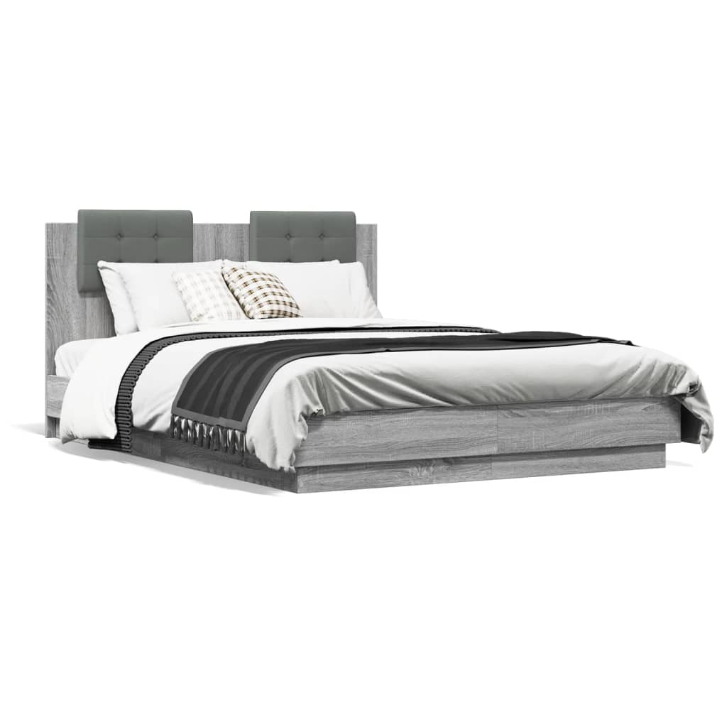 Estrutura cama c/ cabeceira/luzes LED 135x190cm cinzento sonoma