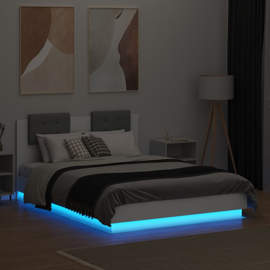 Estrutura de cama com cabeceira e luzes LED 120x190 cm branco