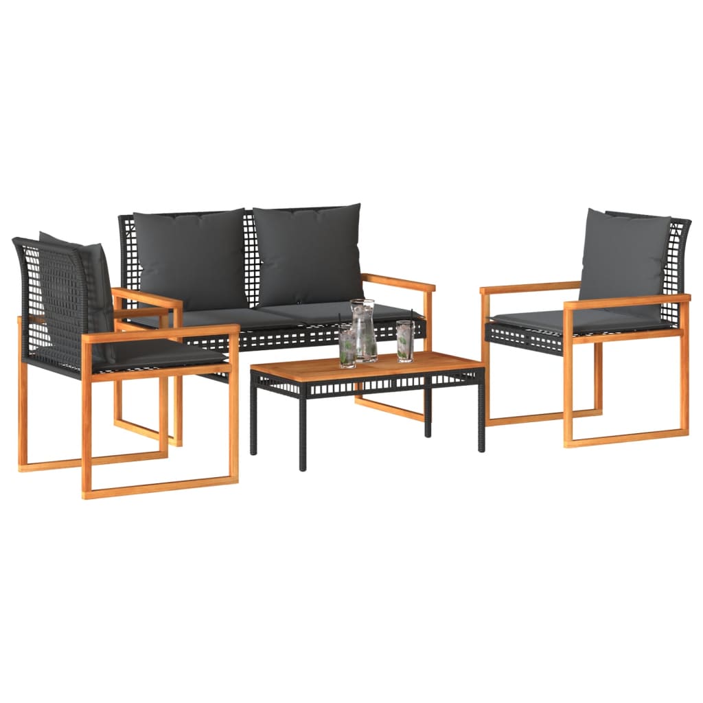 4 pcs conjunto lounge de jardim c/ almofadões vime PE preto