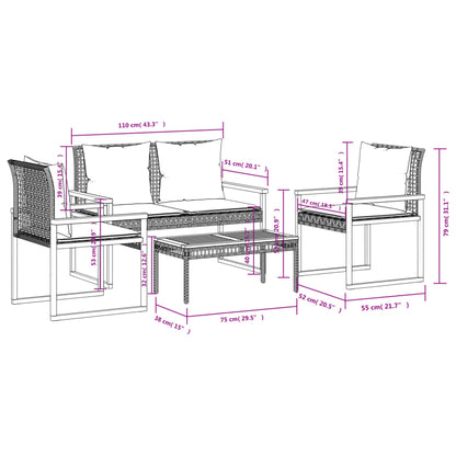 4 pcs conj. lounge jardim c/ almofadões vime PE mistura beges