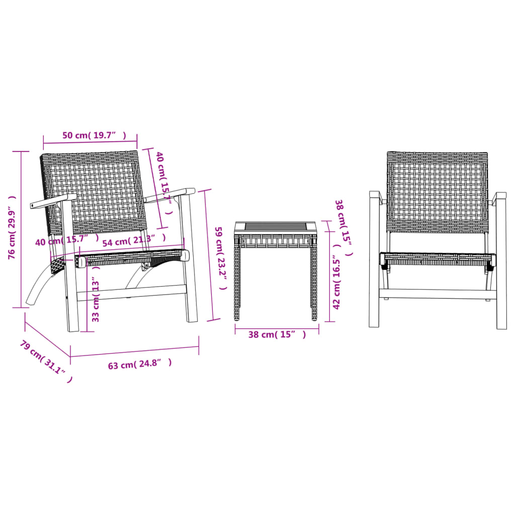 3 pcs conjunto de bistrô vime PE/madeira de acácia maciça bege