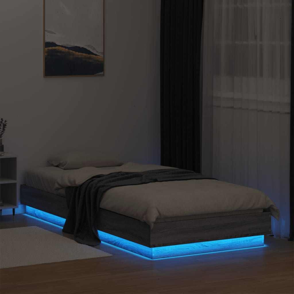 Estrutura de cama com luzes LED 90x200 cm cinzento sonoma