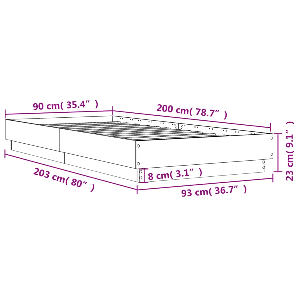 Estrutura de cama 90x200 cm derivados de madeira cinza sonoma