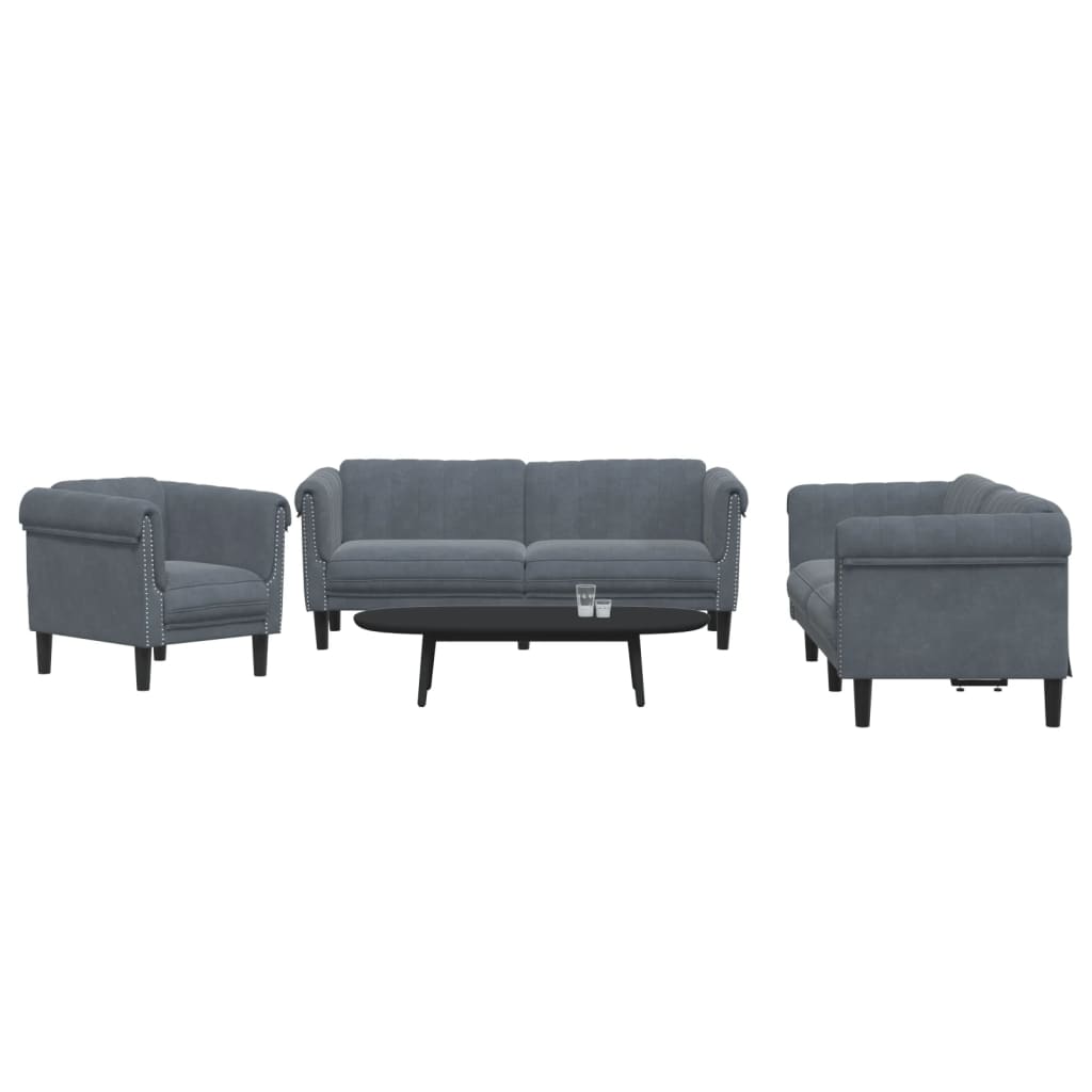 3 pcs conjunto de sofás veludo cinzento-escuro