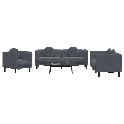 3 pcs conjunto de sofás com almofadas veludo cinzento-escuro