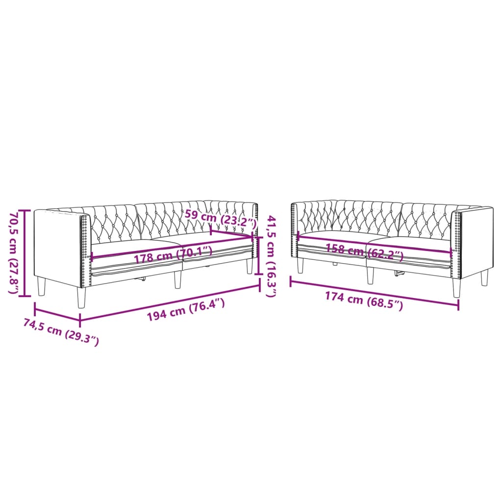 2 pcs conjunto de sofás chesterfield couro artificial cinzento