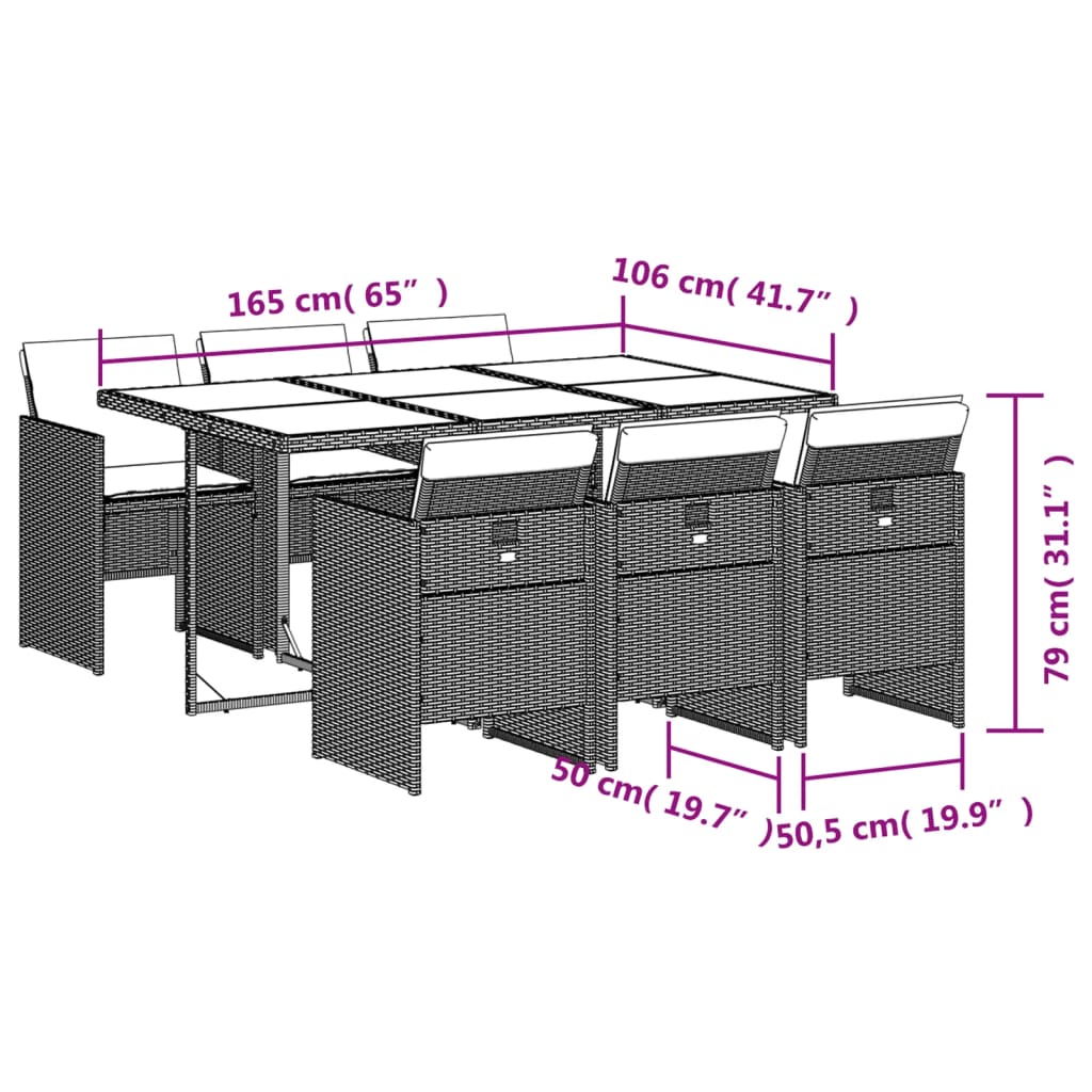 7 pcs conjunto jantar p/ jardim c/ almofadões vime PE castanho