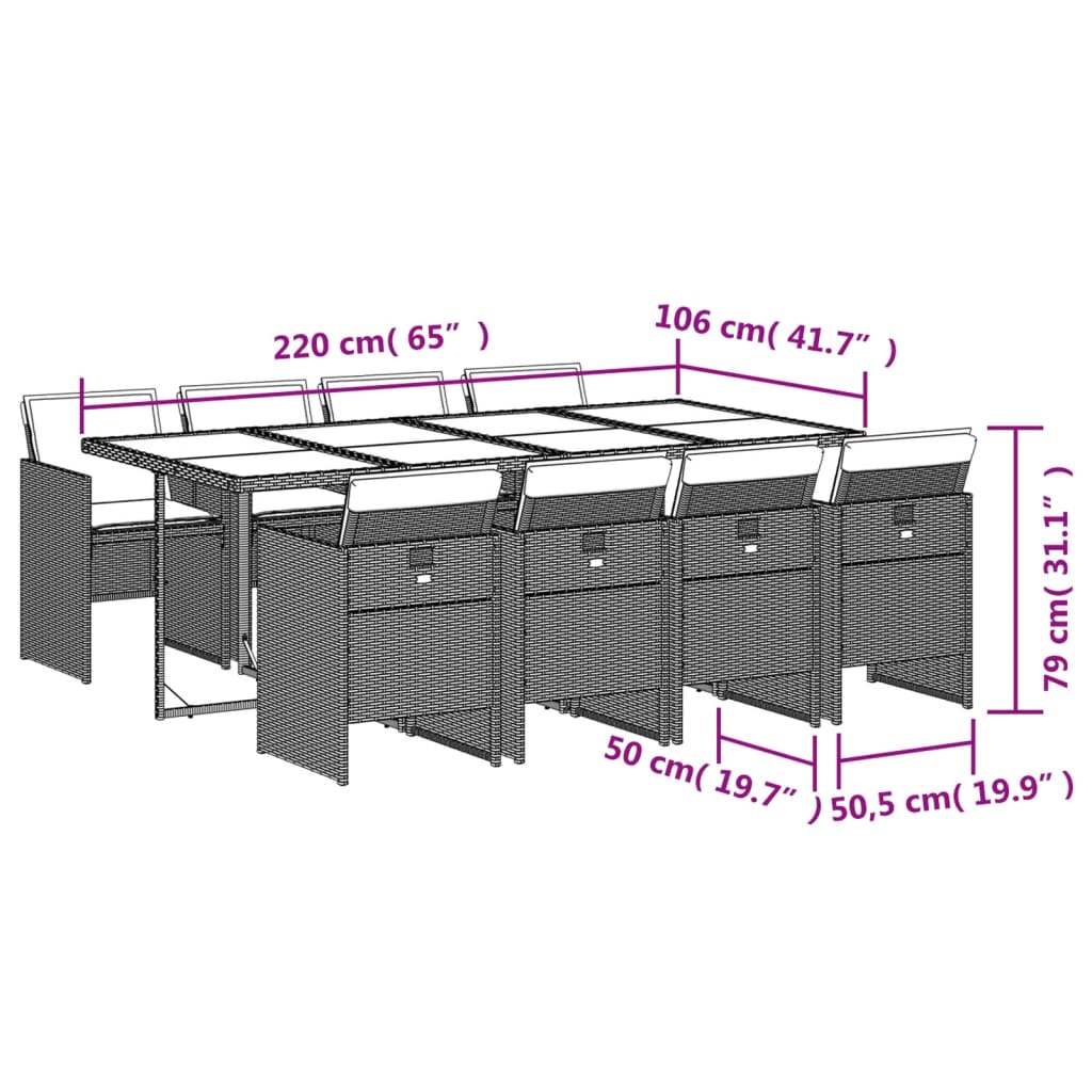 9 pcs conjunto de jantar p/ jardim c/ almofadões cinzento claro