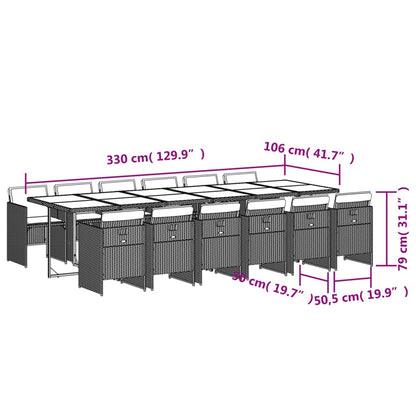 13 pcs conj. jantar jardim c/ almofadões vime PE cinzento-claro