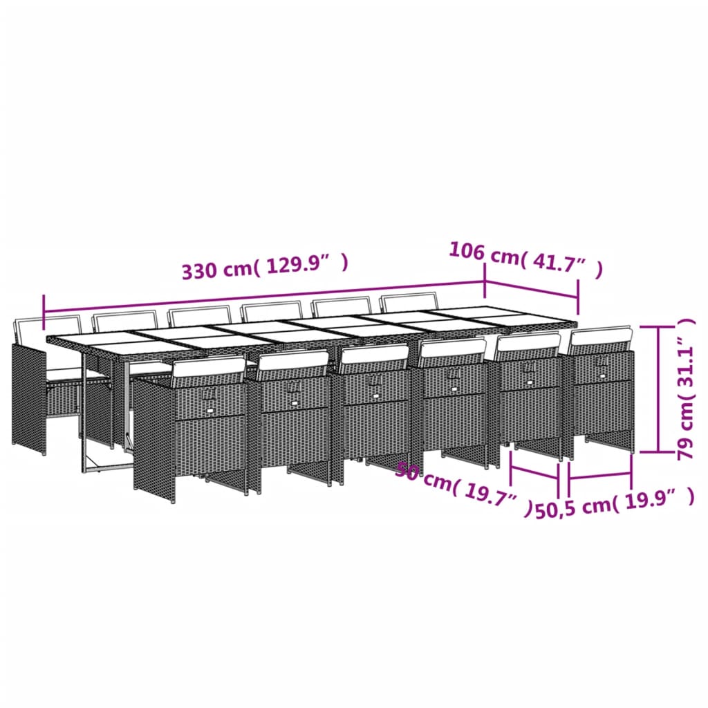 13 pcs conjunto de jantar p/ jardim com almofadões vime PE bege