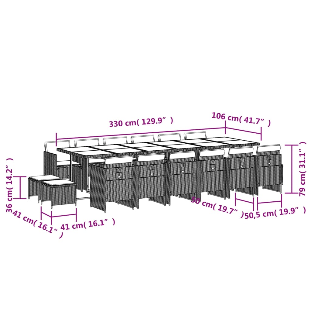 17 pcs conj. jantar jardim c/ almofadões vime PE cinzento-claro