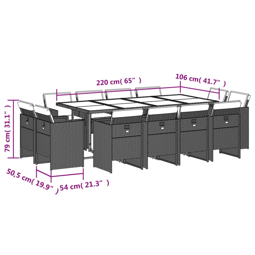 13 pcs conjunto jantar p/ jardim c/ almofadões vime PE castanho