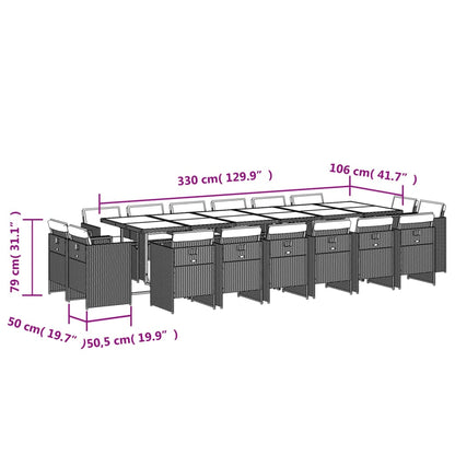 17 pcs conj. jantar jardim c/ almofadões vime PE cinzento-claro