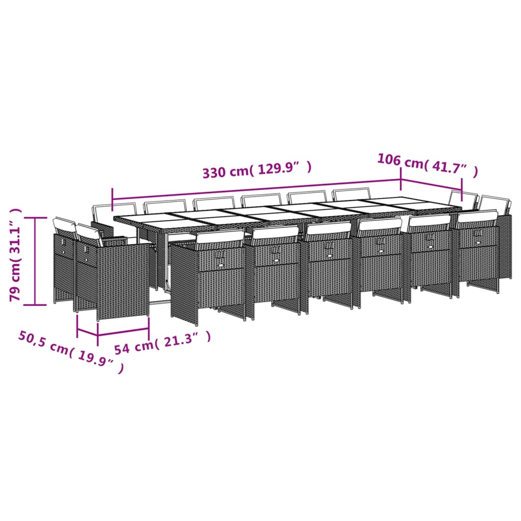 17 pcs conj. de jantar p/ jardim c/ almofadões vime PE cinzento