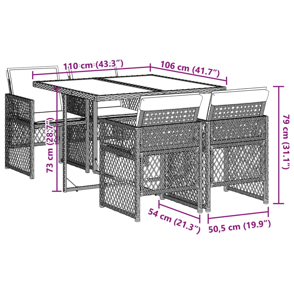 5 pcs conjunto de jantar p/ jardim com almofadões vime PE bege