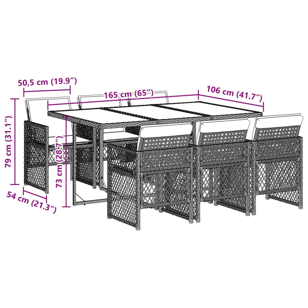 7 pcs conjunto de jantar p/ jardim com almofadões vime PE bege