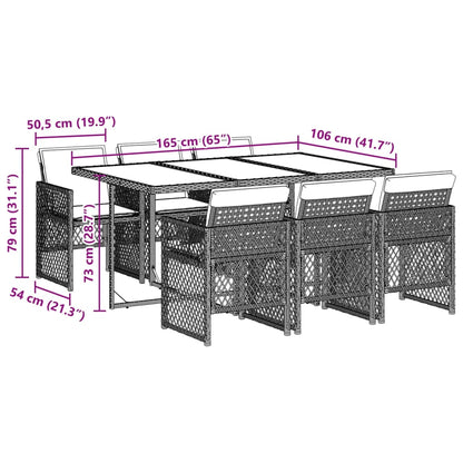 7 pcs conjunto de jantar p/ jardim c/ almofadões vime PE cinza