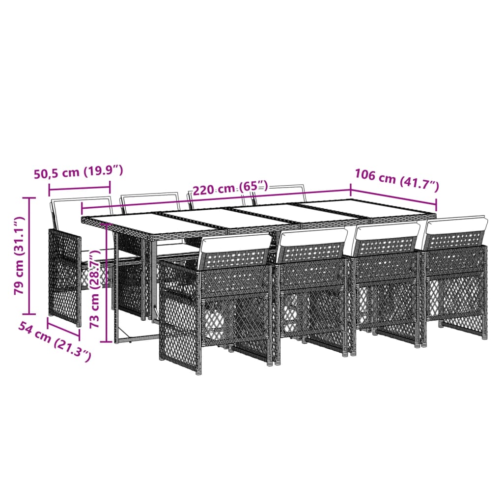 9 pcs conjunto de jantar p/ jardim com almofadões vime PE bege