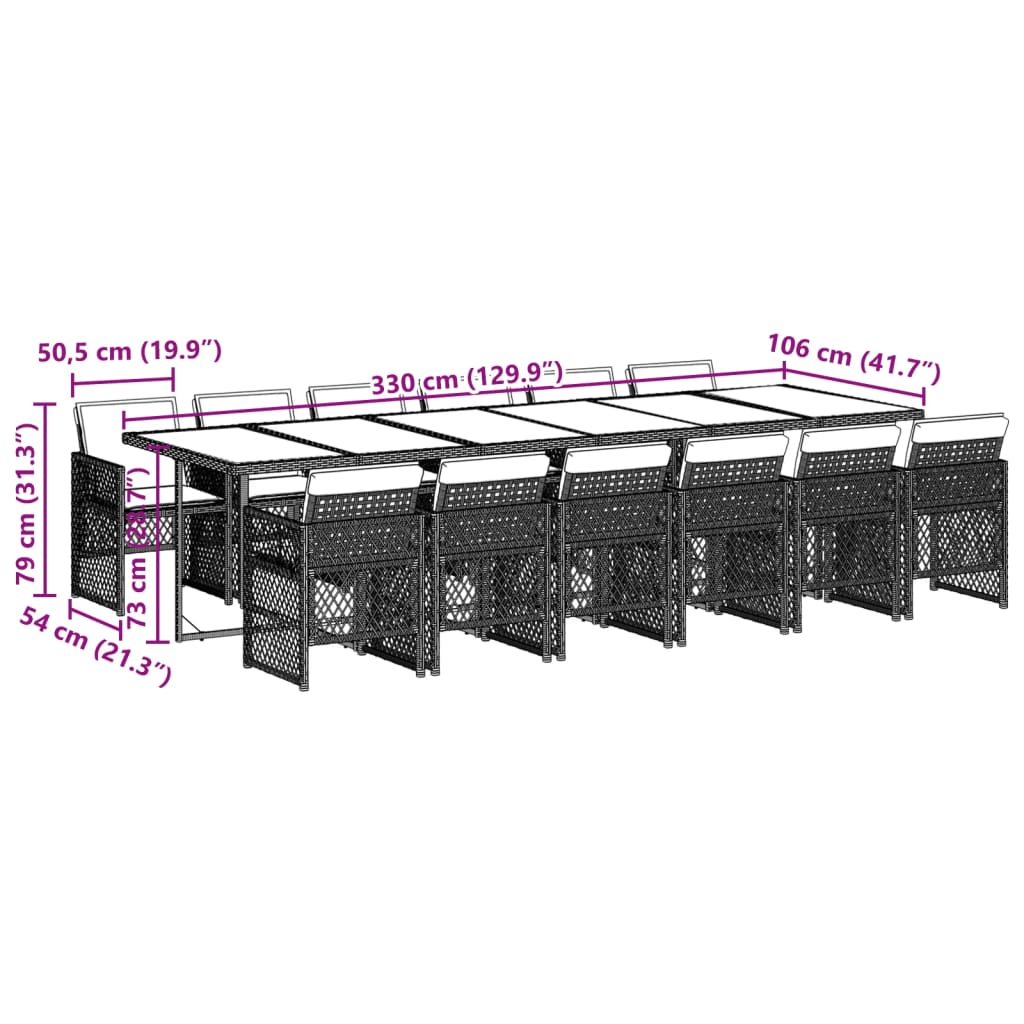 13 pcs conj. jantar jardim c/ almofadões vime PE cinzento-claro